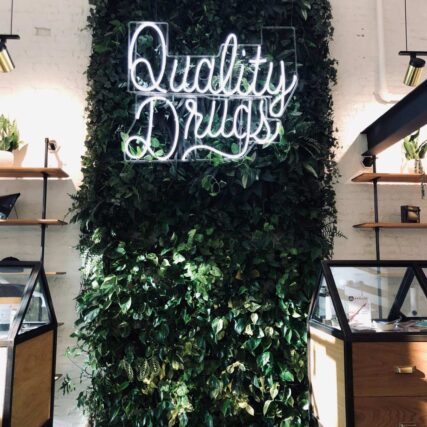 A green wall with plants and a neon sign.